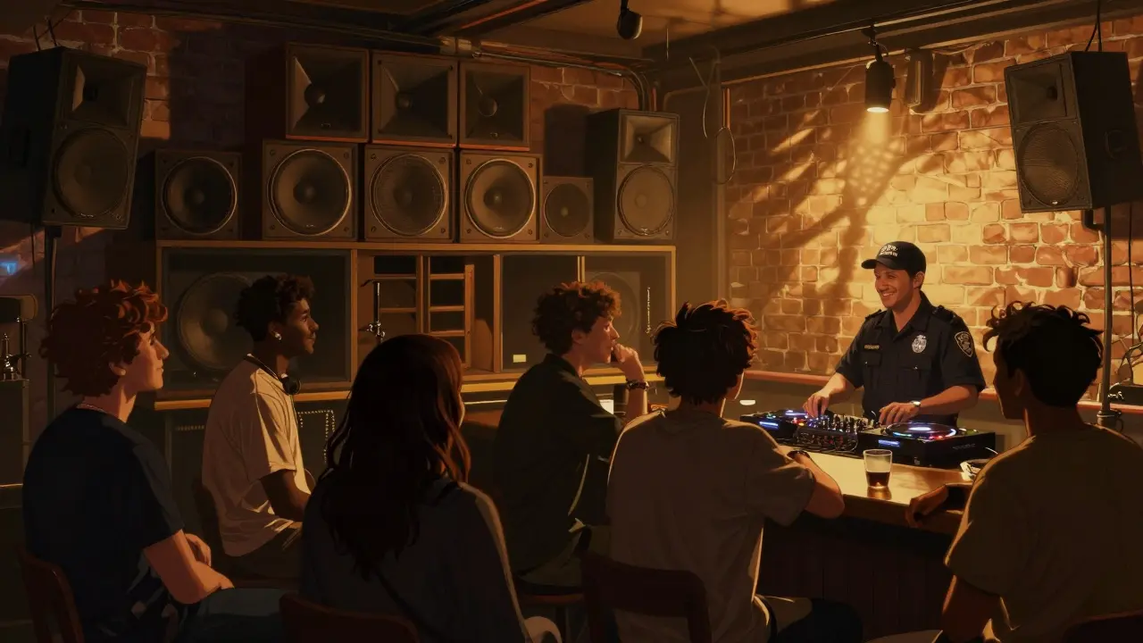 An intimate club interior with a custom sound system and diverse crowd conversing in warm, shadowy ambiance.