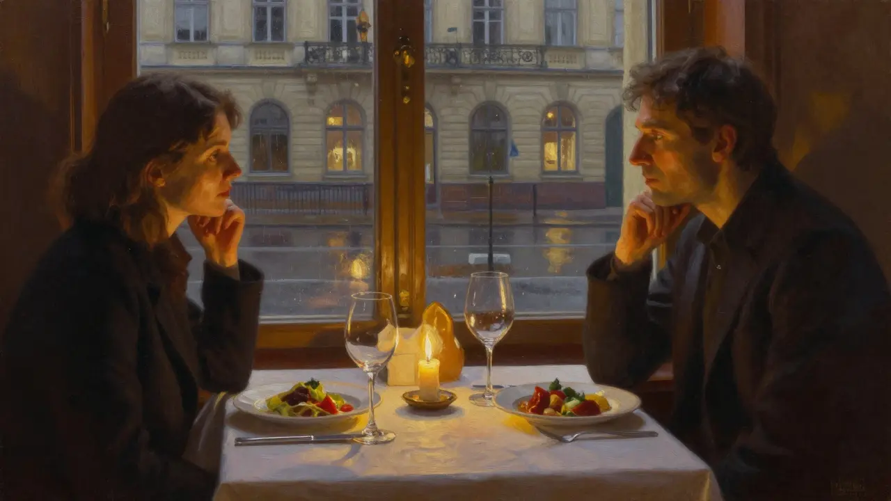 Candlelit dinner in a quiet Berlin restaurant, wine glasses and German dishes on the table, warm ambient lighting.