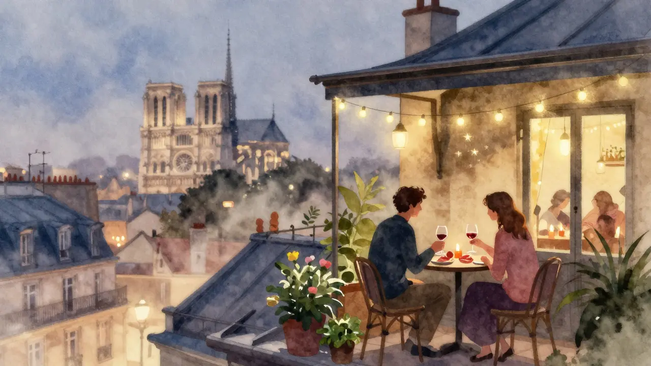 Candlelit rooftop bar at night with view of Notre-Dame, two people sharing wine and food under string lights.