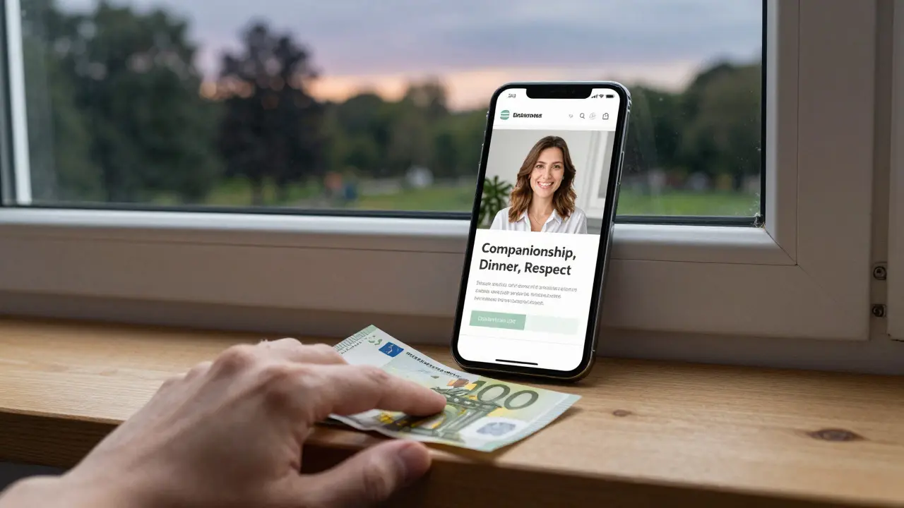 Cash on a windowsill beside a professional escort's website, with Tiergarten visible outside.