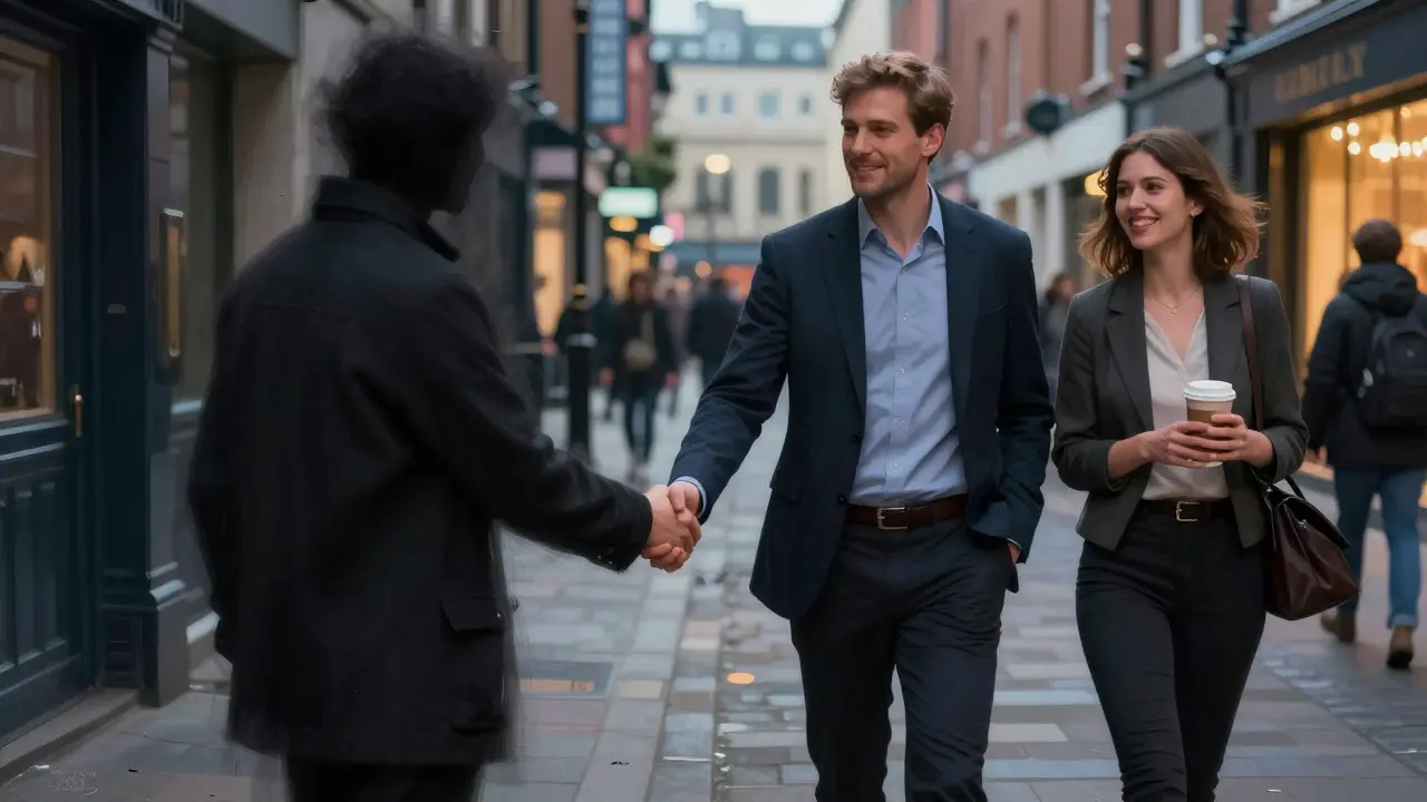 Contrasting scenes: one of danger in shadow, one of respectful companionship in a lively London street.