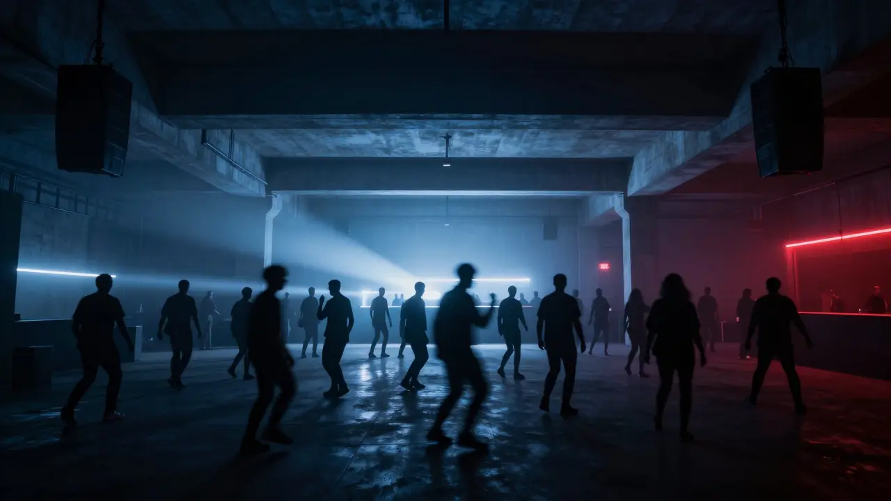 Crowd dancing in a dim industrial nightclub with strobe lights, concrete walls, and deep techno atmosphere.