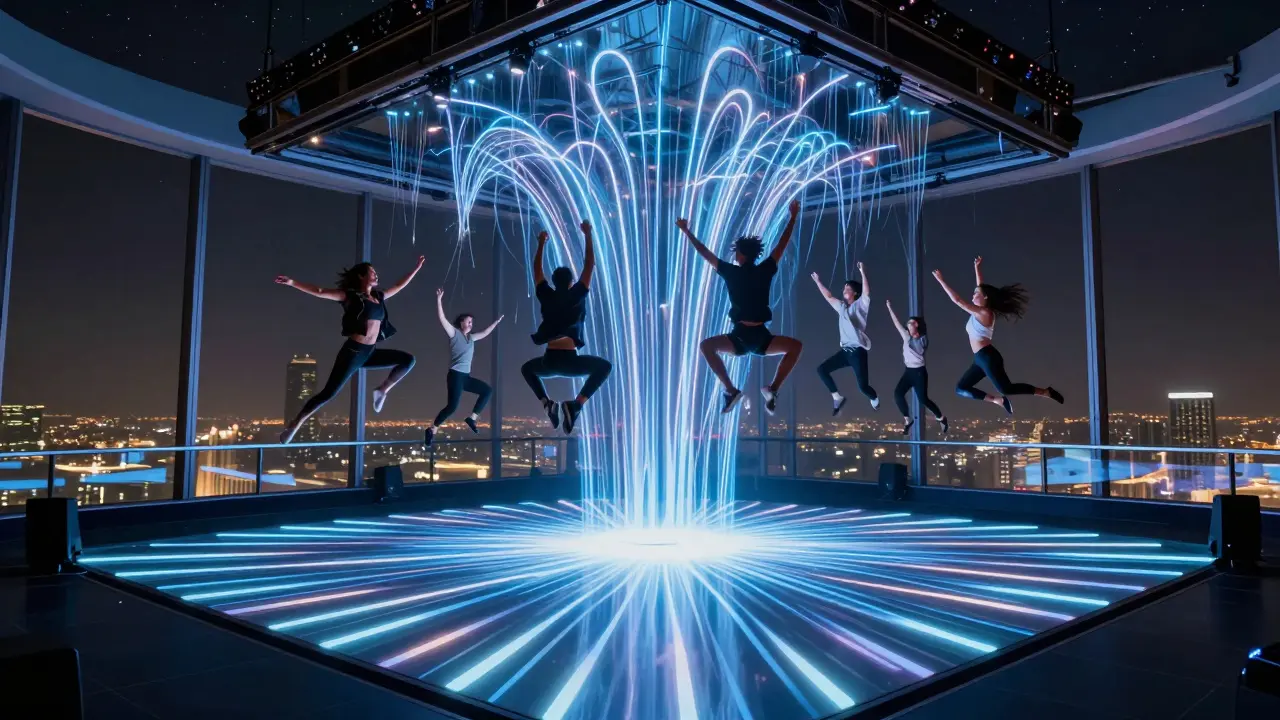 Dancers floating in zero gravity at Zero Gravity club under a starry night sky with glowing lights.