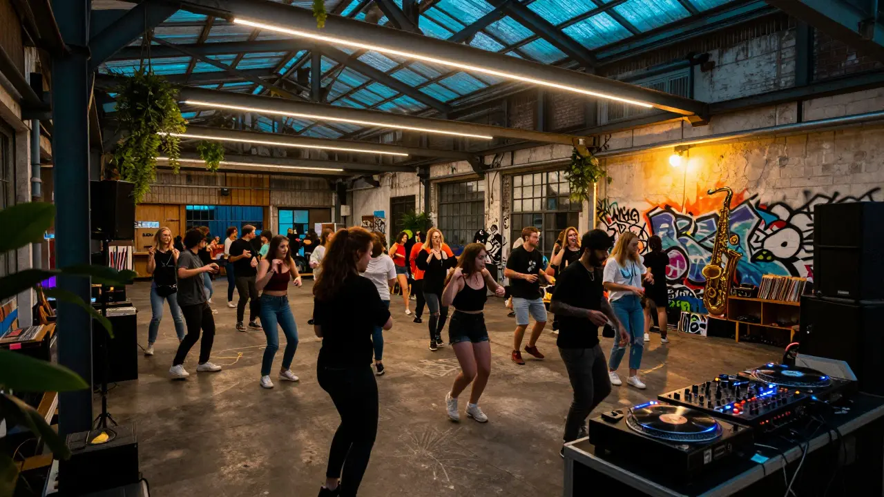 Diverse crowd dancing in a converted warehouse in Peckham under pulsing lights and exposed industrial beams.