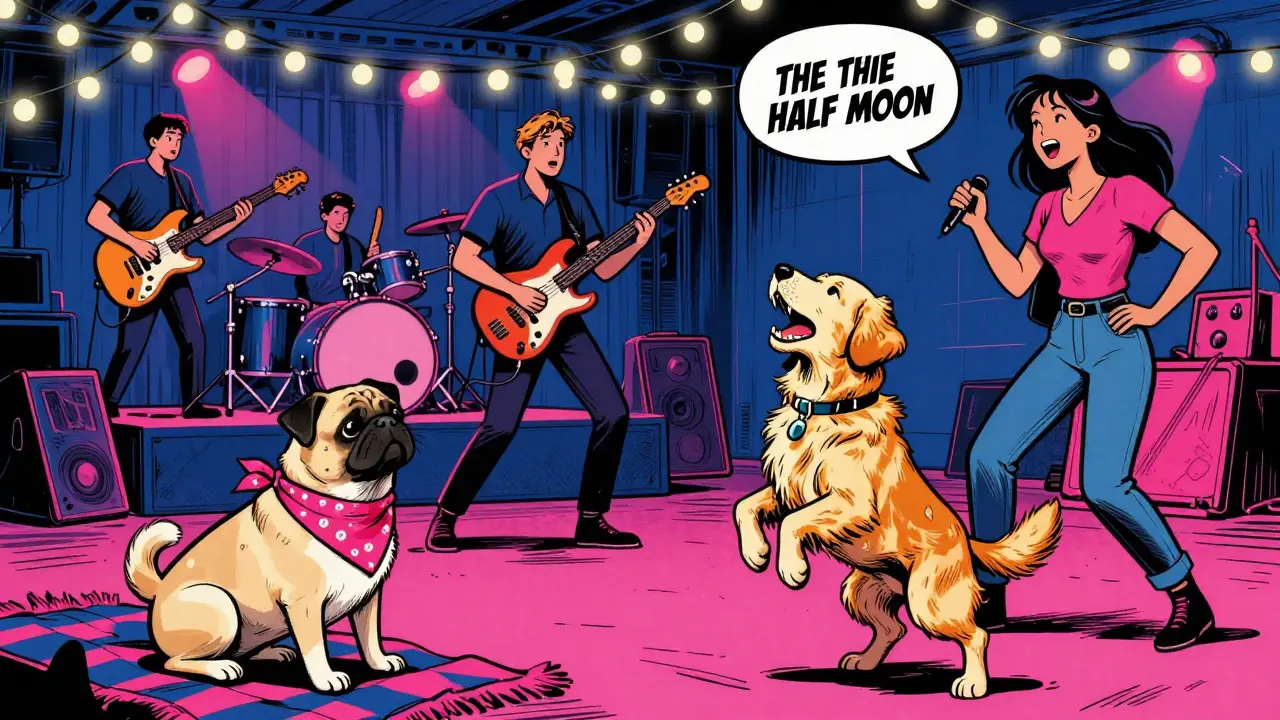 Dogs sitting with owners at a live music venue under fairy lights, band playing in background.