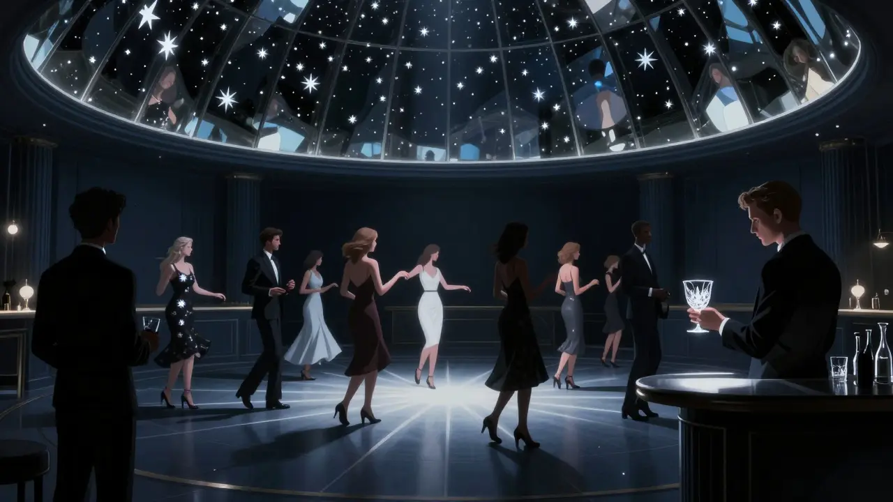 Elegant crowd dancing under a starry mirror ceiling inside Opal Club, sleek evening attire.