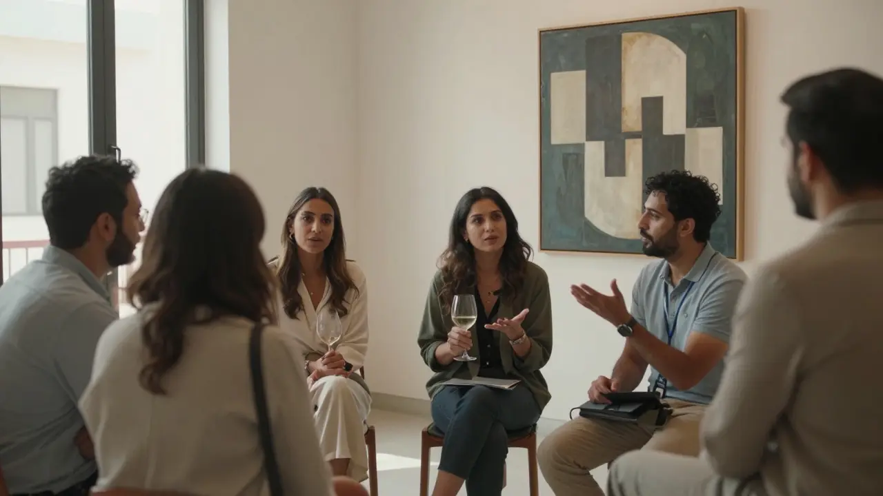 Expats conversing gently in an Abu Dhabi art gallery, natural light, artwork in the background.