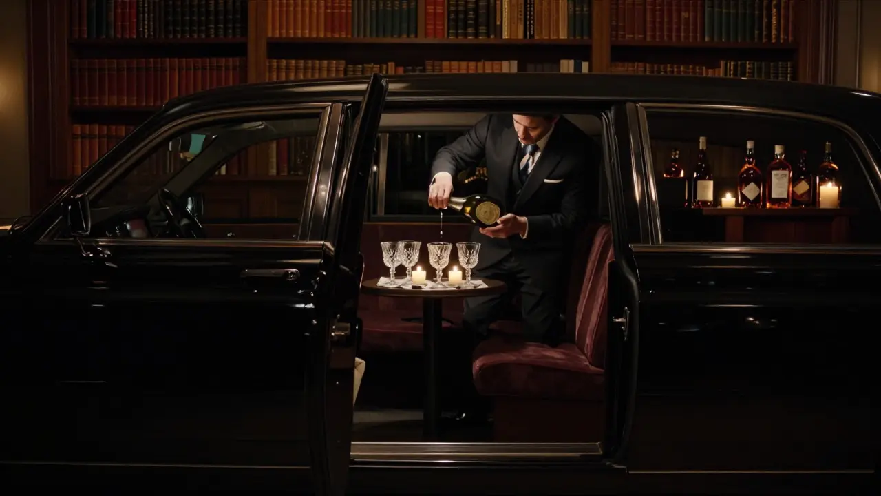 Hidden entrance to Club 55 behind a bookshelf, a mixologist pouring an exclusive cocktail in a dim, soundproof booth with vintage champagne.