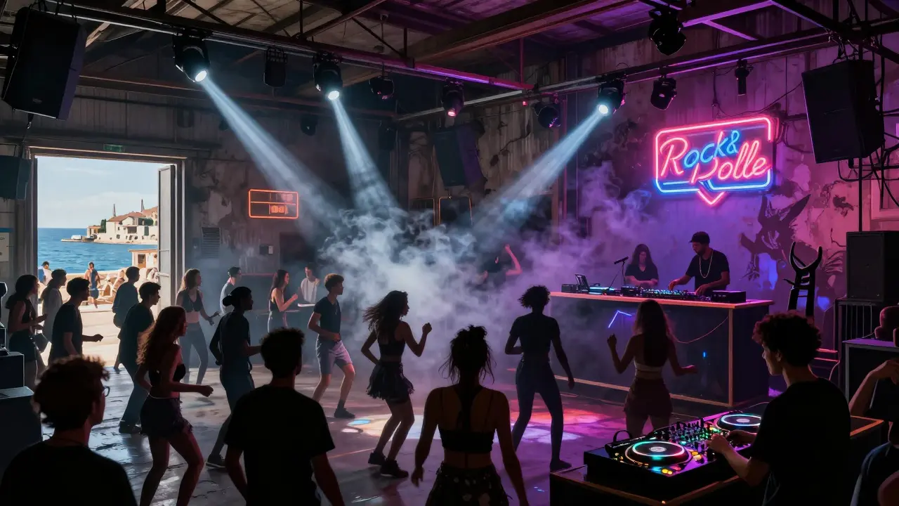 High-energy underground club with strobe lights and dancing crowd, industrial vibe and neon signs.