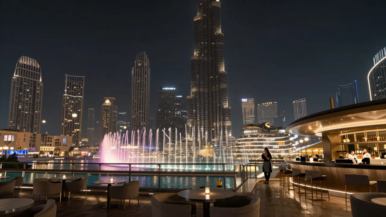 Highest bar in the world with fountain lights dancing under Burj Khalifa at night.