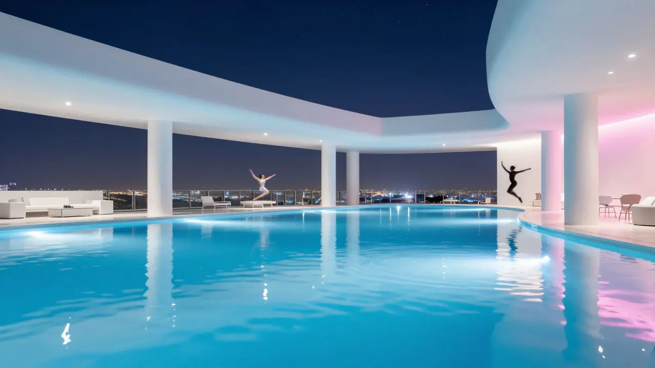 Infinity pool at a white nightclub reflecting city lights, silhouettes dancing above.