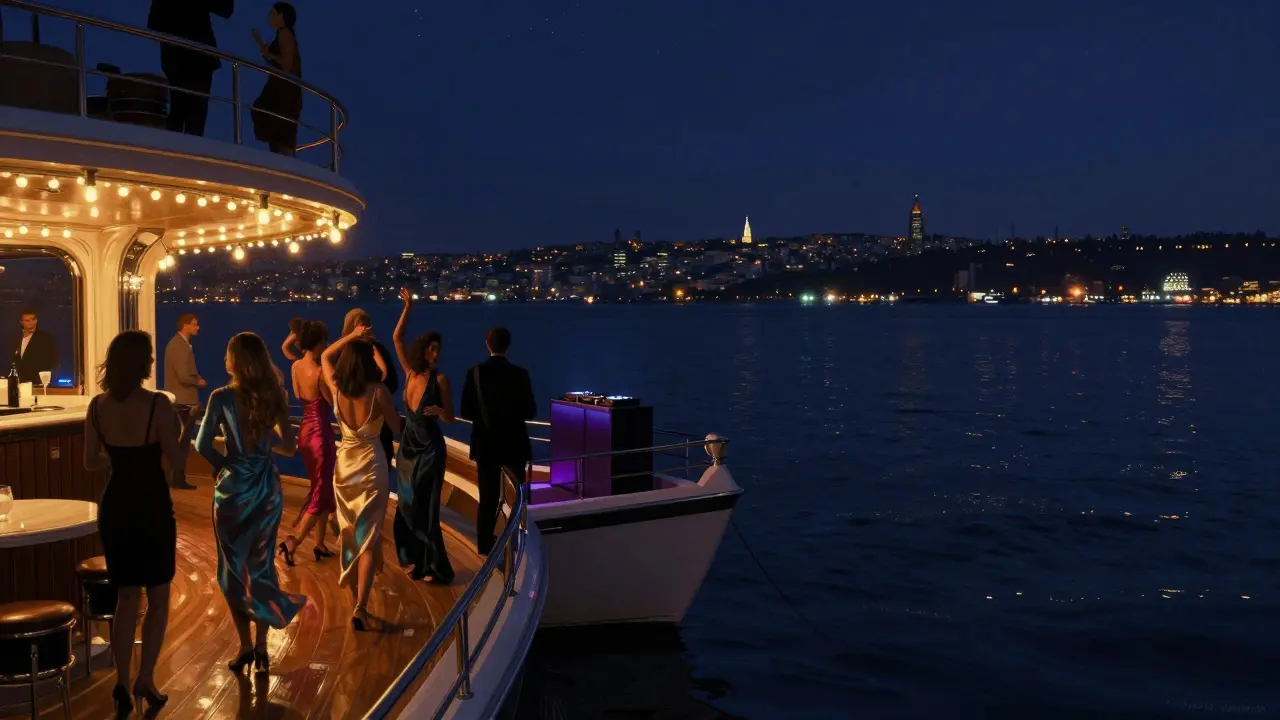 Reina nightclub on the Bosphorus with guests arriving by boat, city lights shimmering on water under a starry sky.