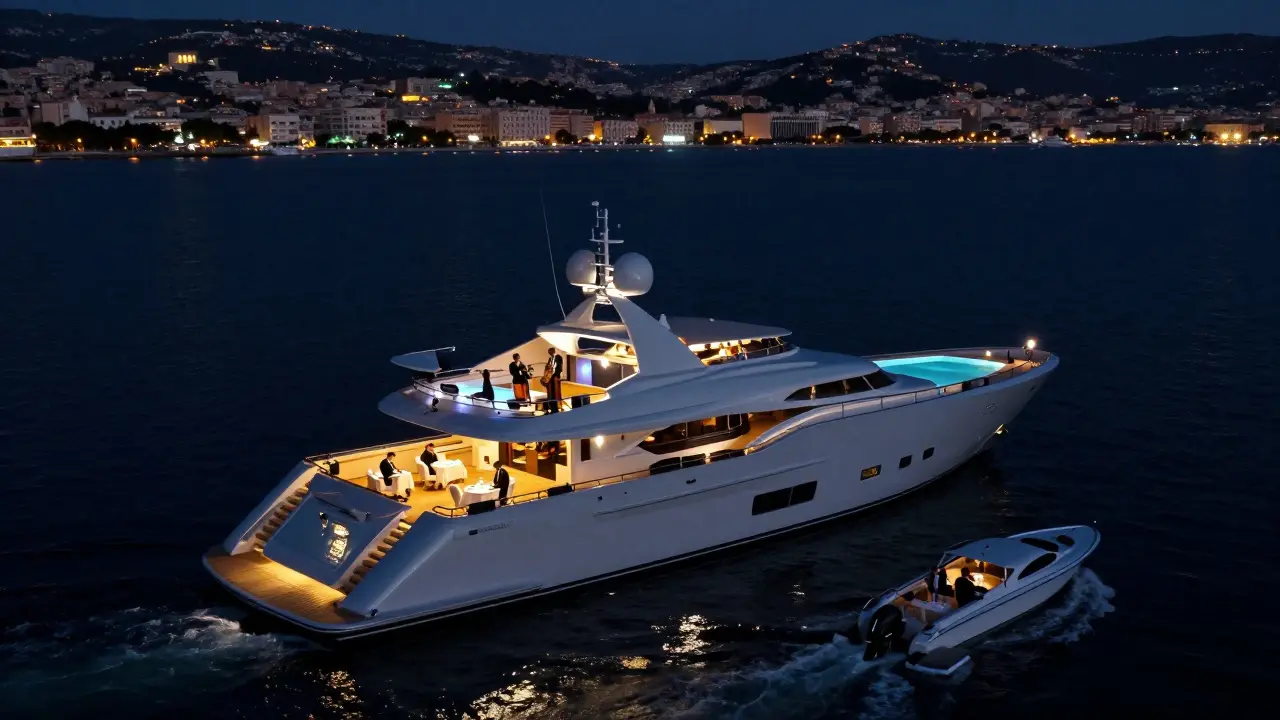 Superyacht Octopus at night with rooftop cinema and infinity pool, jazz musicians playing softly under stars, speedboat arriving silently.