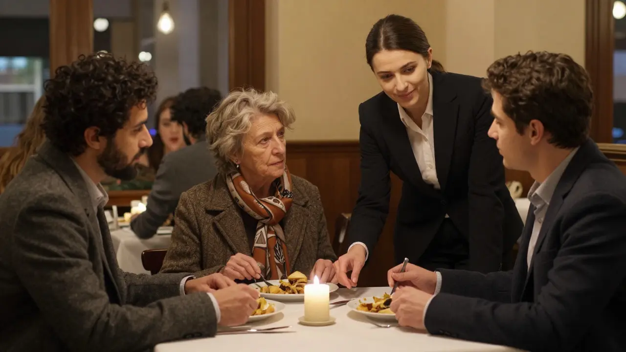 Three locals sharing a quiet meal with a companion in a warm, candlelit restaurant.