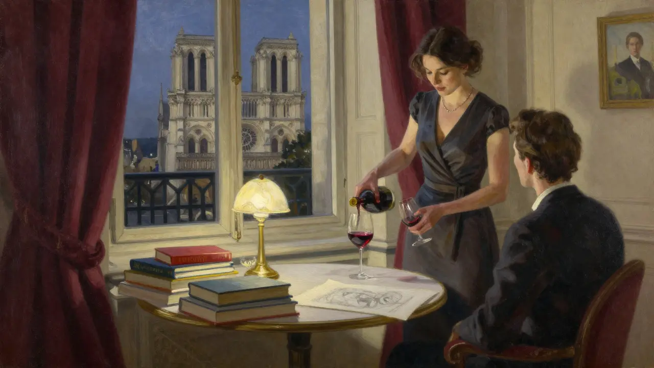 Two people share a quiet evening in a Paris apartment, wine and books around them, no physical contact.