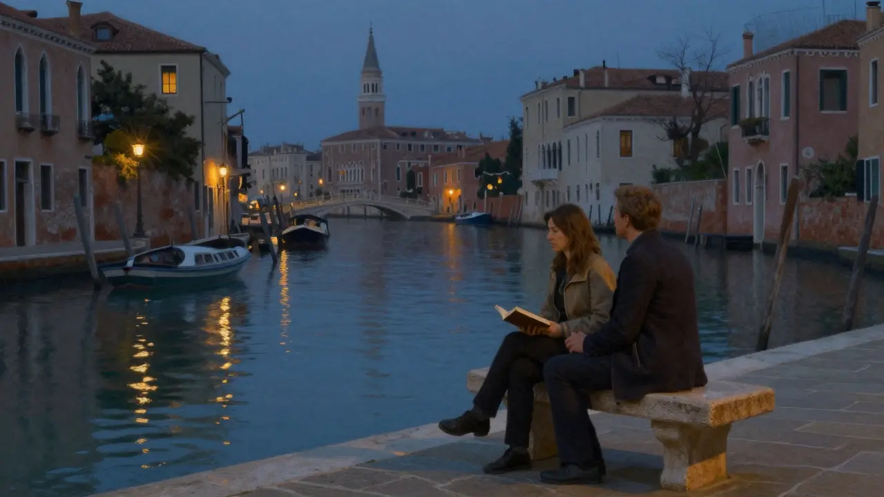 Two people sit quietly on a canal bench in Navigli at dusk, lantern reflections dancing on the water.