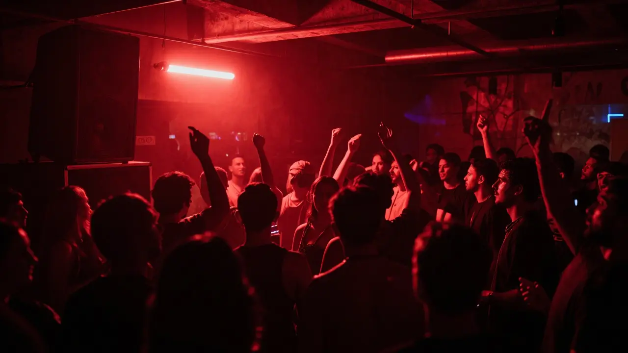 Underground techno party in QD Dubai with dark, intense atmosphere and powerful sound system.