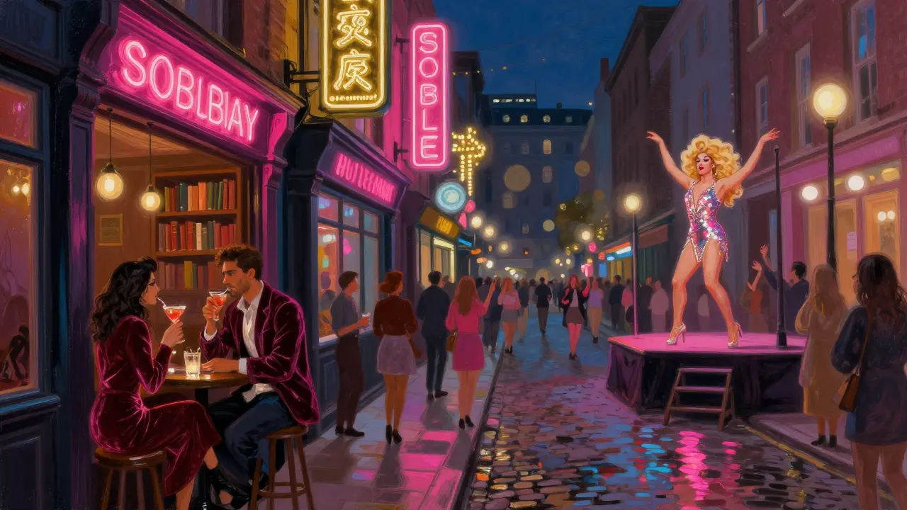 Vibrant Soho street at night with neon signs, a drag performer on stage, and couples in velvet booths.
