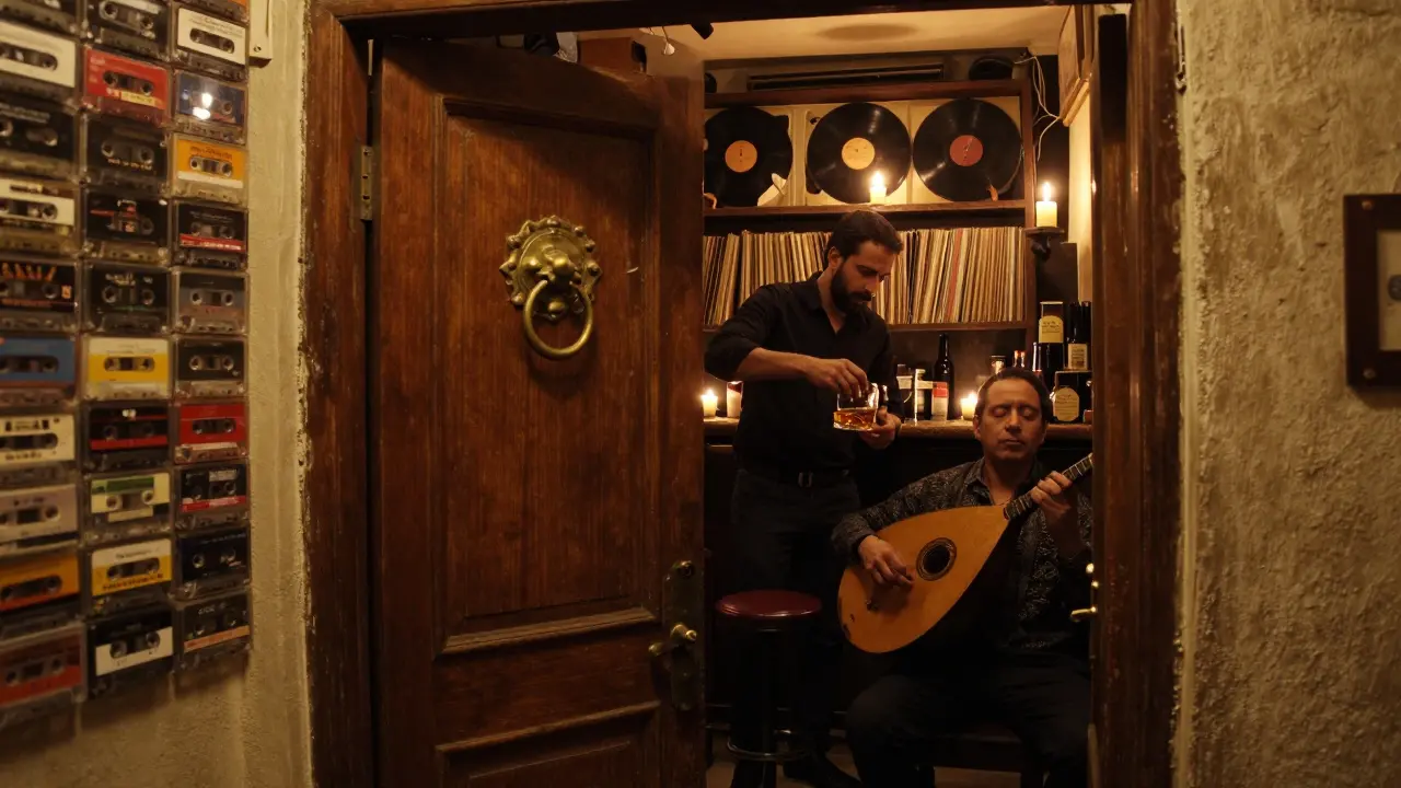 A candlelit basement lounge with vinyl records and a bartender pouring whiskey, surrounded by old cassette tapes.