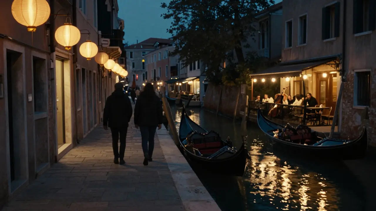 A couple walking hand-in-hand along a lantern-lit canal at night in Milan.
