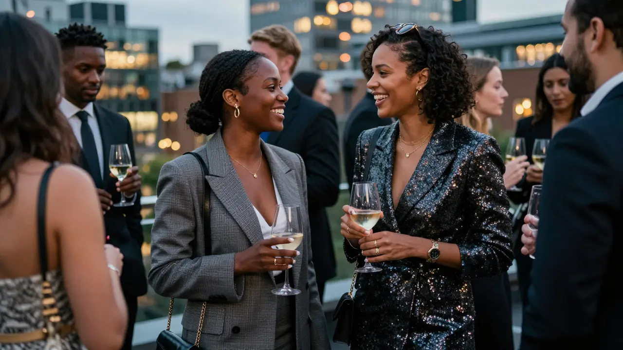 A diverse group enjoying cocktails on a London rooftop, social grace in the air.