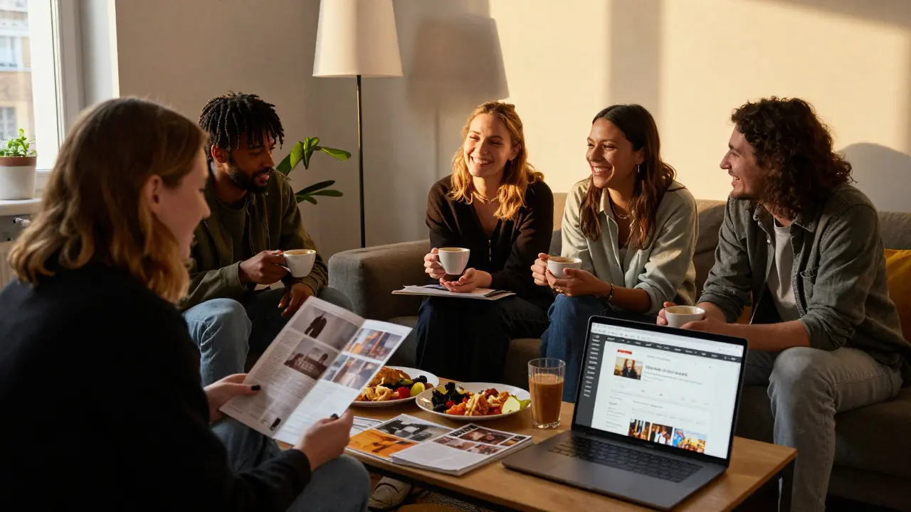 A diverse group of tourists and a local companion sharing coffee and laughter in a cozy Berlin apartment.