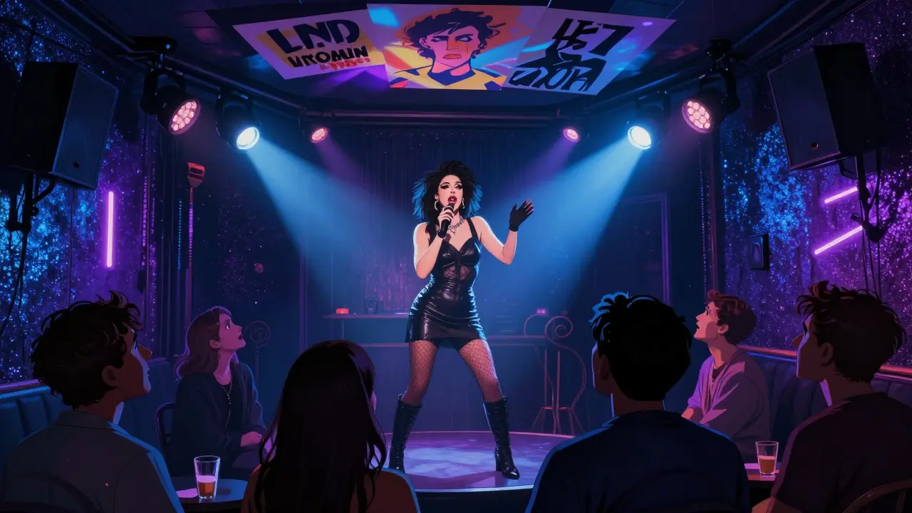 A glittering underground cabaret where a trans performer lip-syncs under projected protest art.