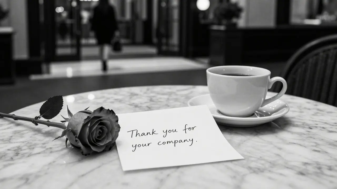 A handwritten thank-you note beside a coffee cup and rose, symbolizing dignity after a meaningful encounter.