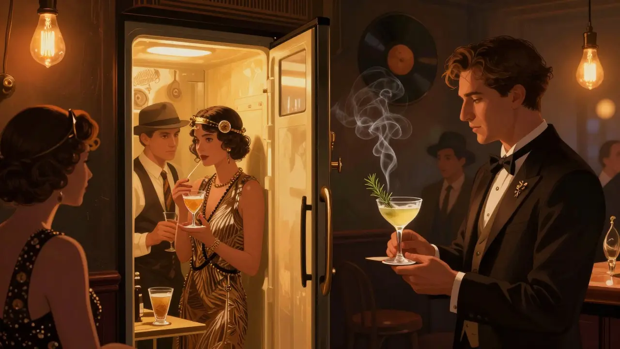 A hidden speakeasy bar with a fridge door entrance, patrons sipping cocktails under vintage lights.