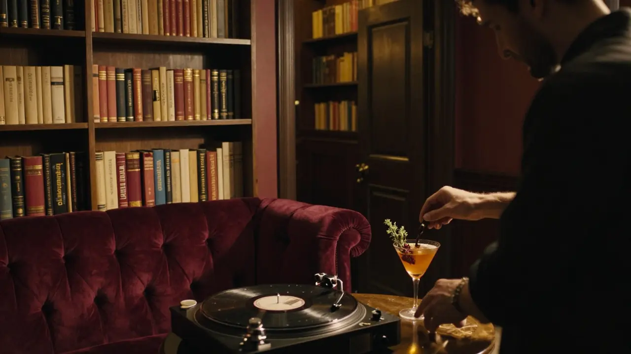 A hidden speakeasy behind a bookshelf, lit by golden light, with a bartender crafting herbal cocktails in velvet surroundings.