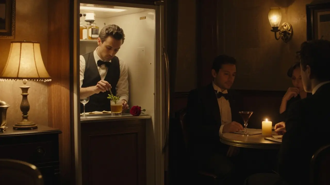 A hidden speakeasy behind a refrigerator door, lit by warm candlelight, with a bartender preparing a drink and a single rose on the table.