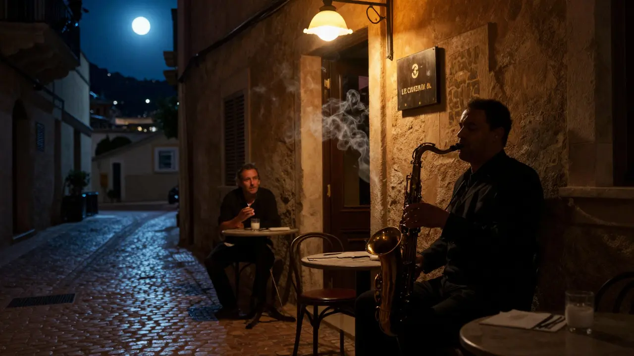 A jazz saxophonist plays in a dimly lit, hidden Monaco club with cobblestone alley visible through the doorway.