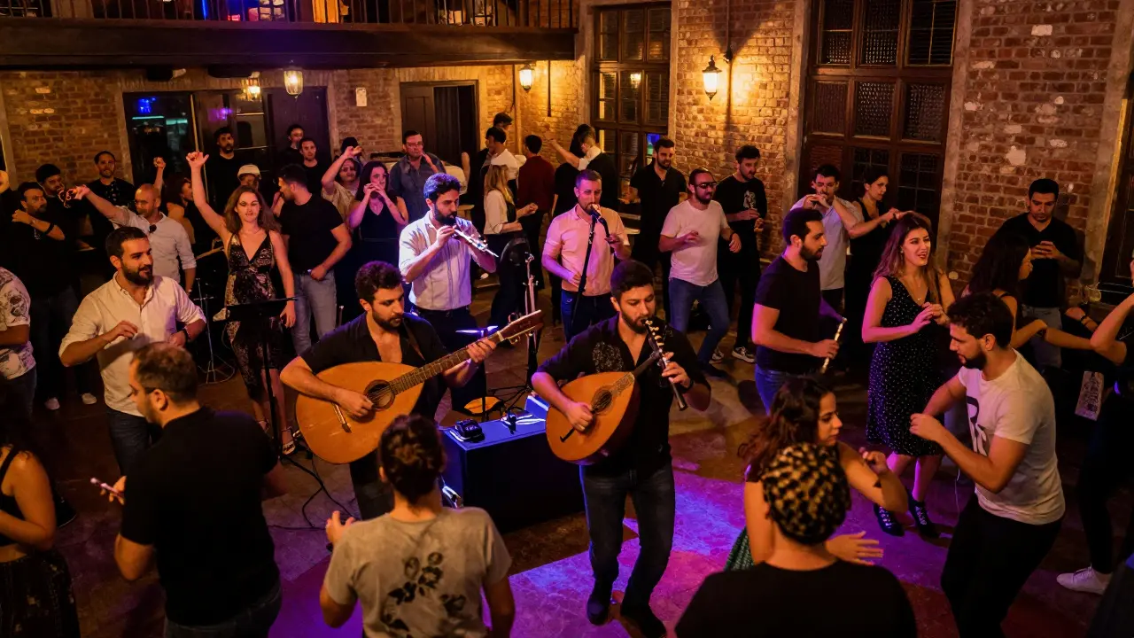 A lively dance floor where live musicians blend Turkish instruments with techno beats, surrounded by a diverse crowd dancing under colorful lights.