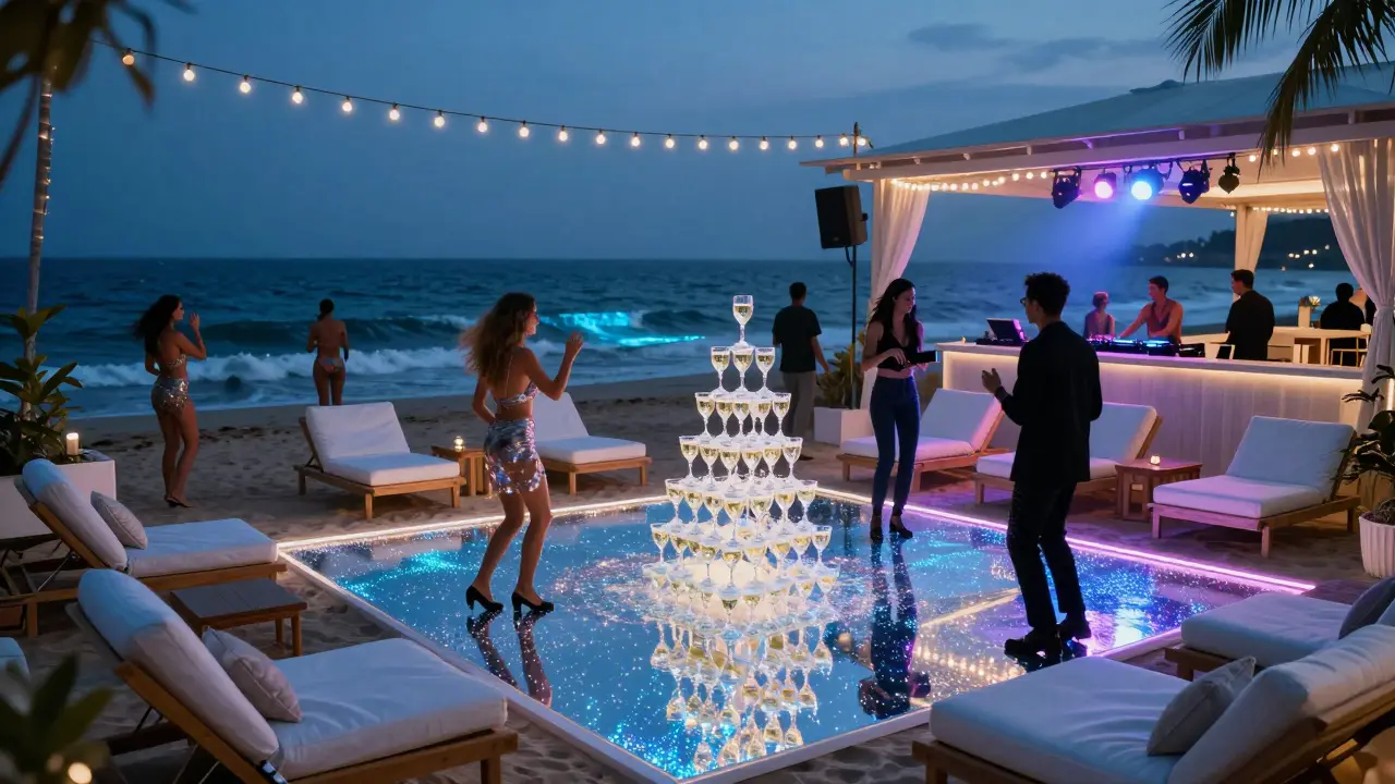 A luxurious beach club at night transformed into a dance floor with champagne towers and silhouettes moving to music under string lights.