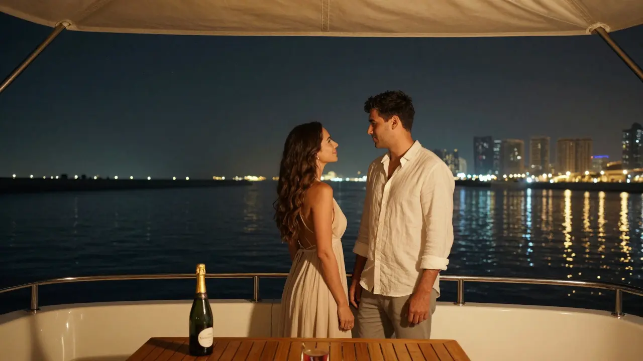 A man and woman share a serene moment on a private yacht at midnight, surrounded by Dubai’s glowing skyline.