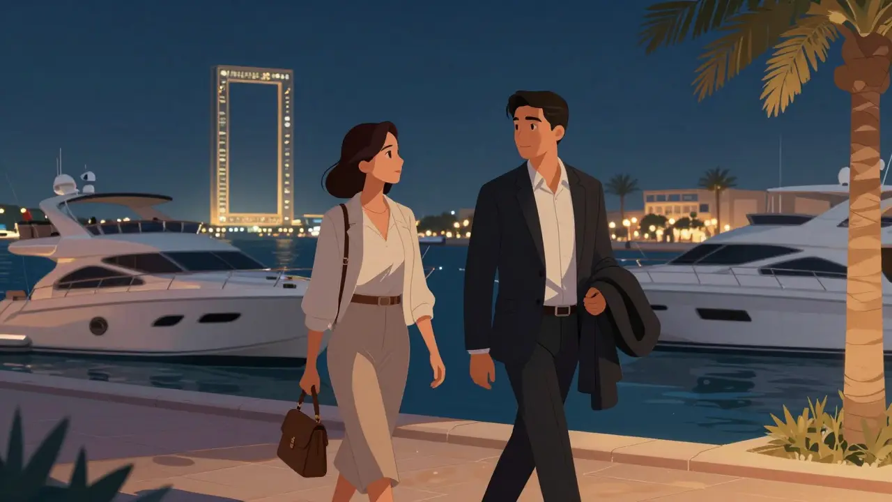 A professional companion and client walking along the Dubai Marina at night, respectful and separate.