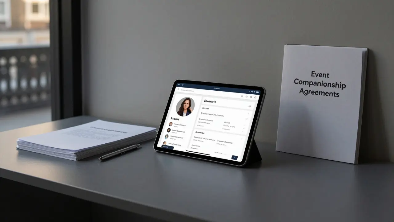 A sleek tablet showing professional escort profiles in a quiet agency office.