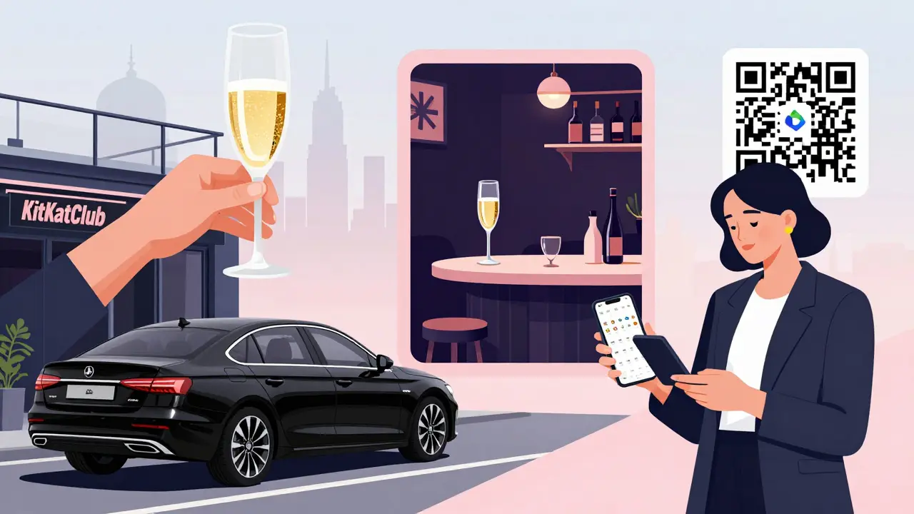 A stylized collage of Berlin nightlife elements including an Uber, rooftop bar, and a booking platform interface.