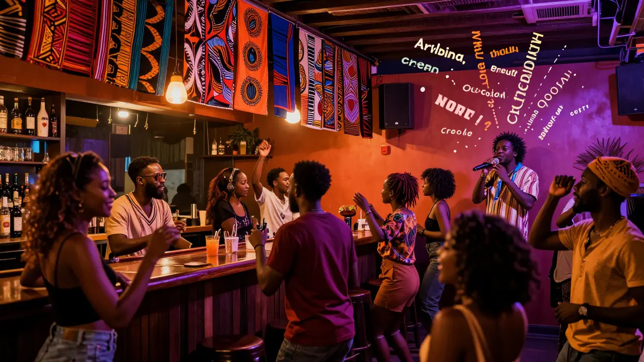 A vibrant queer African-Caribbean bar in Paris where people dance to Afrobeats under colorful textiles.