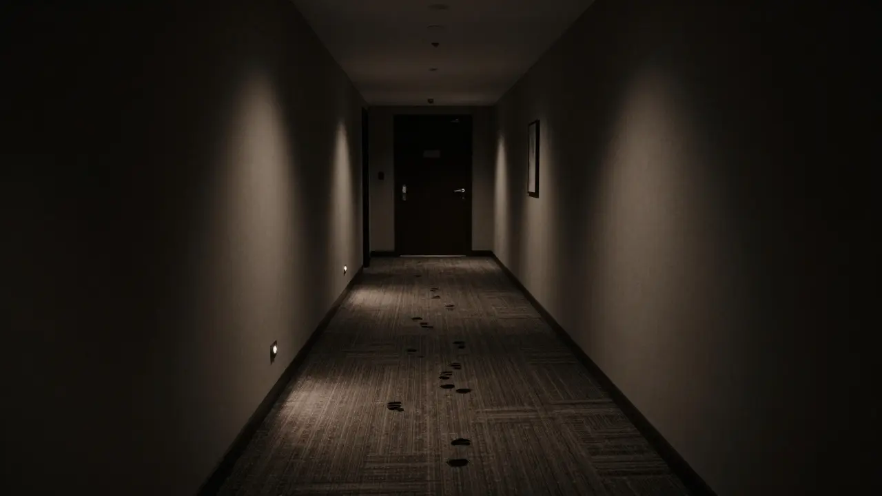 An empty, camera-free hotel hallway at night with faint lighting and fading footprints on a plush carpet.