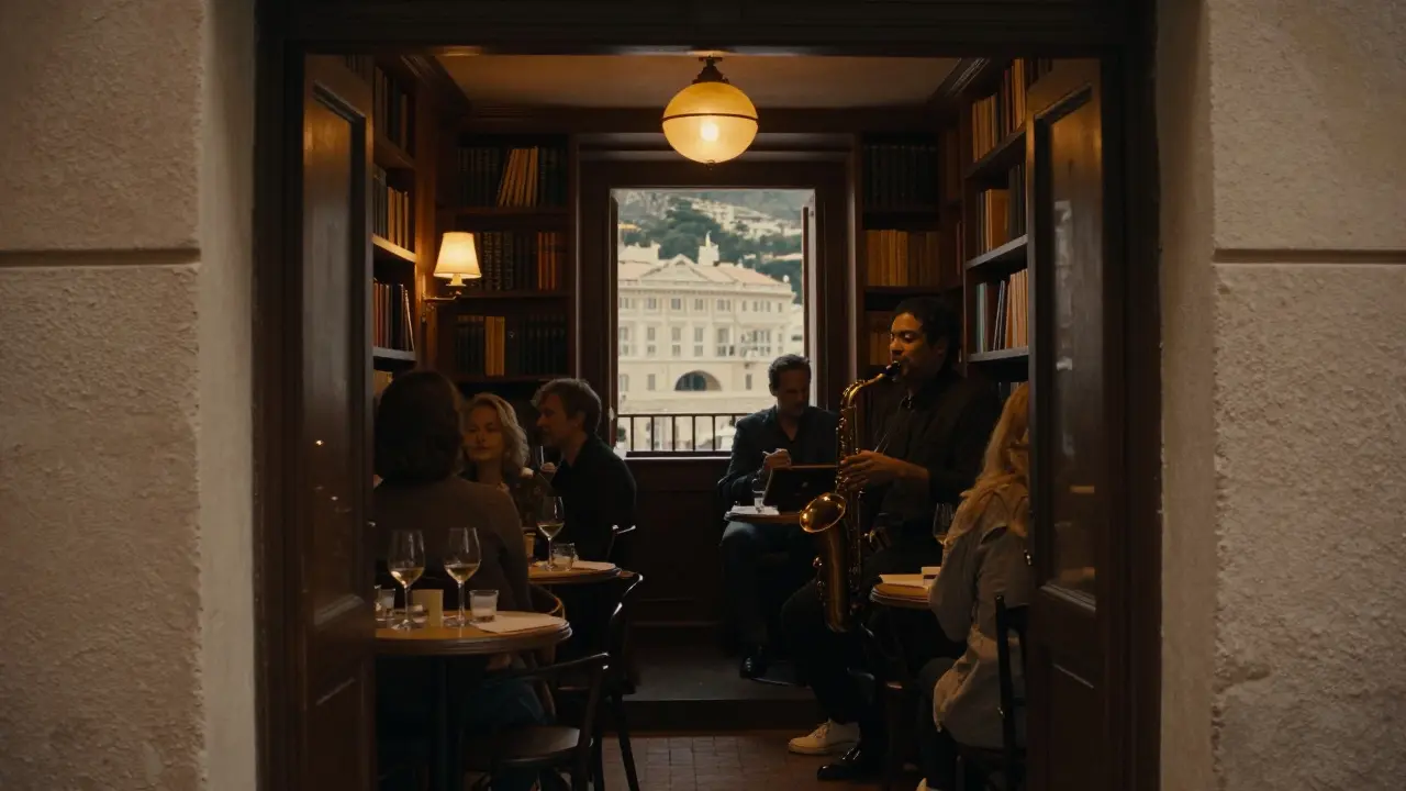 An intimate jazz bar in Monaco's old town, a saxophonist playing under warm lamplight as patrons sip wine in quiet conversation.