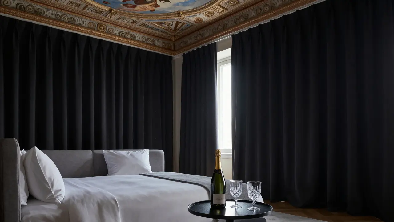 An opulent hotel suite with blackout curtains, champagne glasses, and minimalist designer furnishings in soft moonlight.
