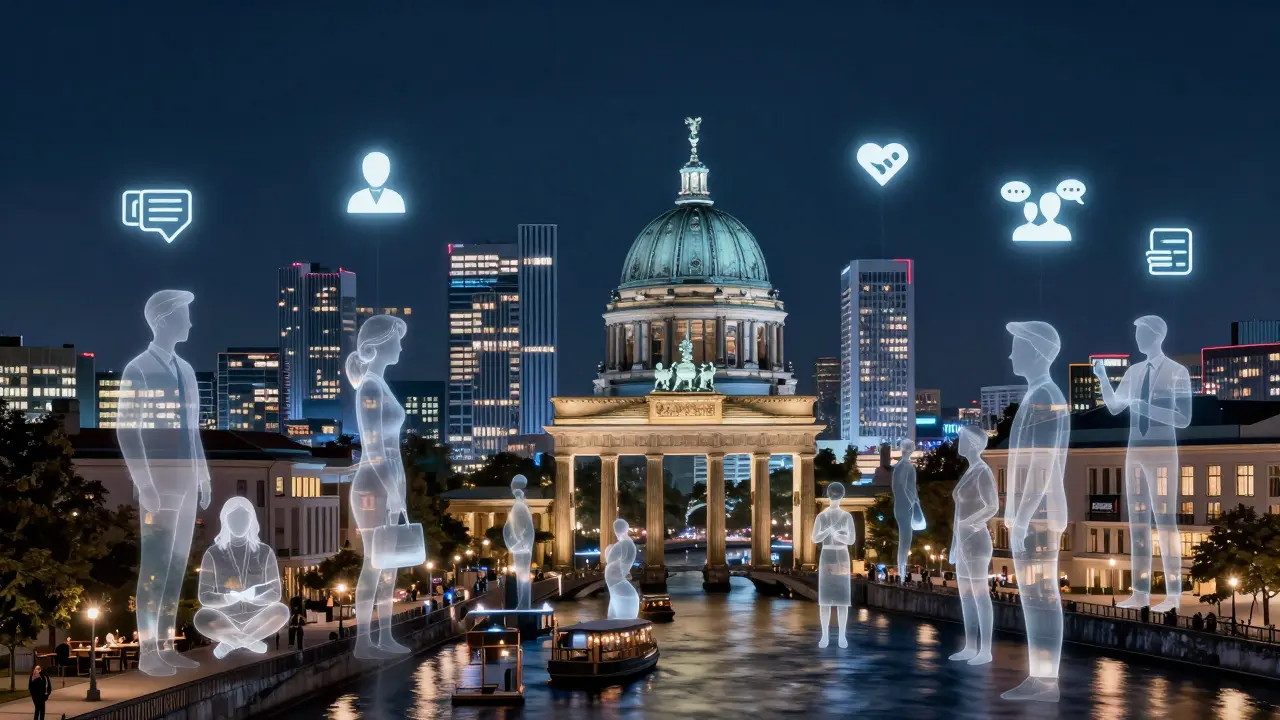 Berlin's skyline at night with translucent figures linking tourism hubs, symbolizing companionship as an invisible support network.