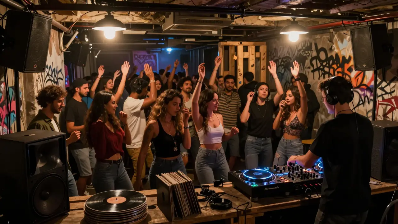 Crowd dancing in a basement club in Kadıköy as deep house beats pulse through custom sound systems.
