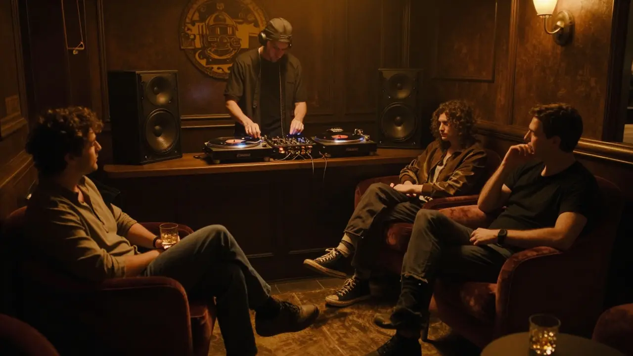 Dim underground club with amber lighting, vintage vinyl player, and patrons in quiet contemplation.