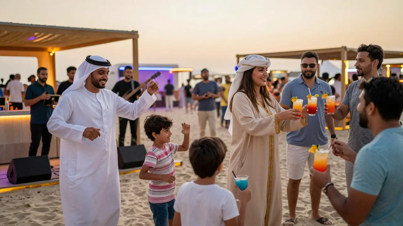 Family enjoying a beach club night at JBR, children dancing near live Arabic pop band while others sip mocktails at sunset.