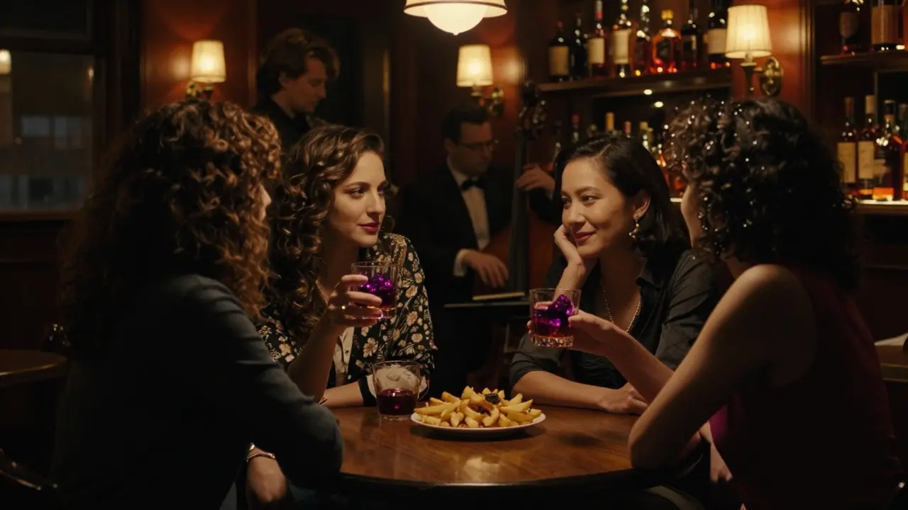 Group of women enjoying whiskey and conversation in a cozy jazz bar with warm lighting.