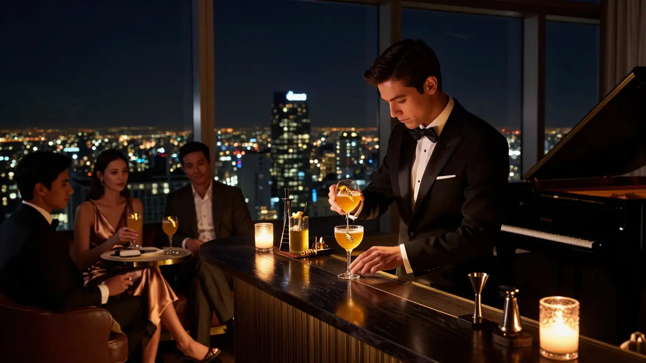 Guests enjoy sophisticated cocktails on a rooftop lounge with panoramic city views, in elegant evening attire under soft lighting.