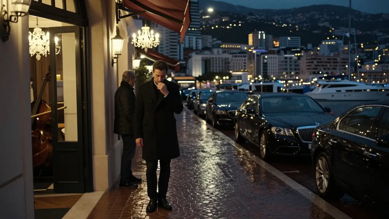 Man in black coat nods near a jazz-muffled door beside luxury cars along Monaco's glistening harbor.