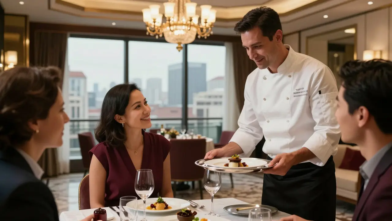 Private luxury hotel dining with gourmet meal and chef service